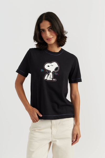Black Cotton Snoopy Embroidered T-Shirt