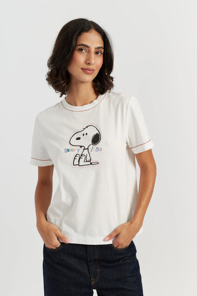 Cream Cotton Snoopy Embroidered T-Shirt