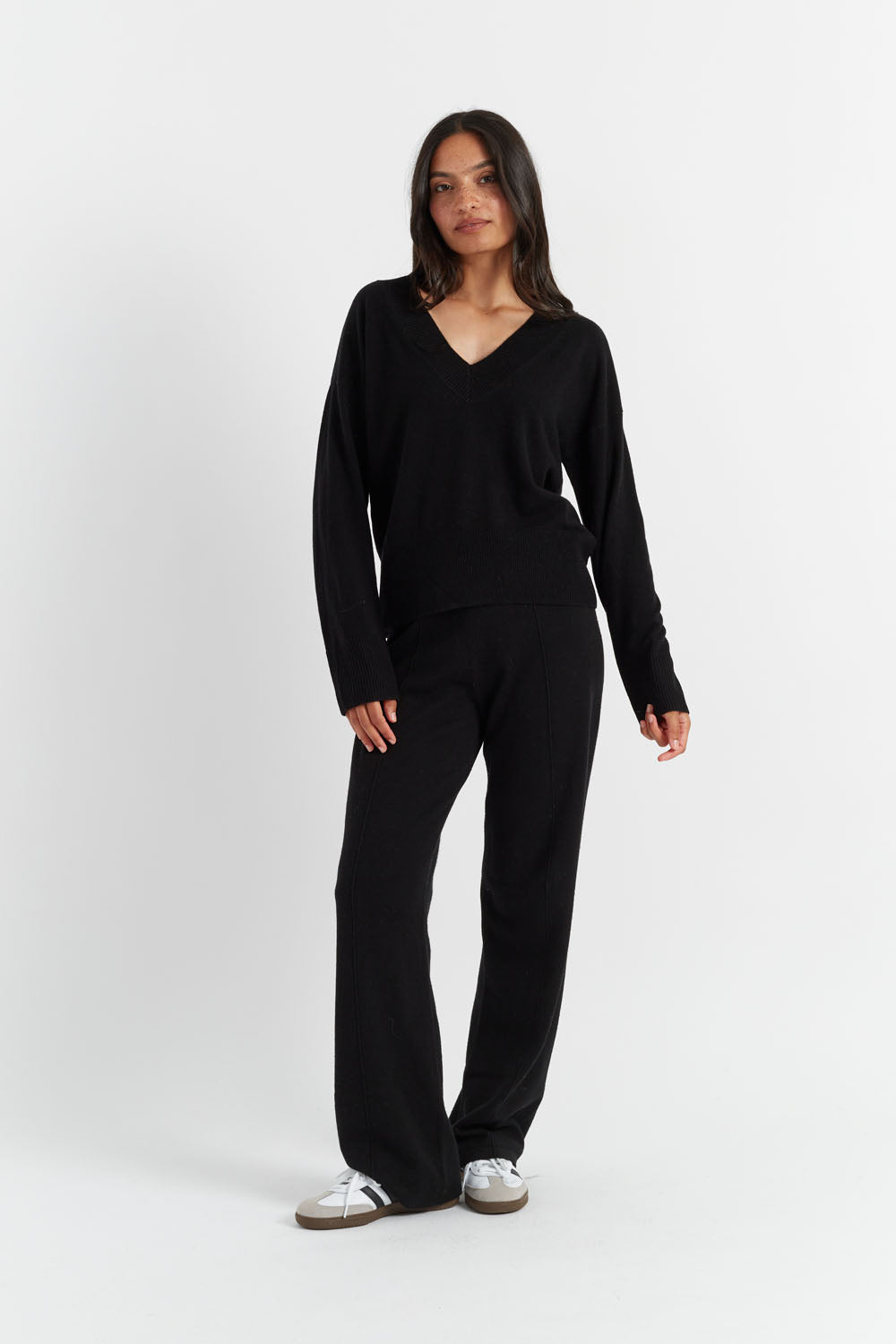 Black Wool-Cashmere Wide-Leg Track Pants