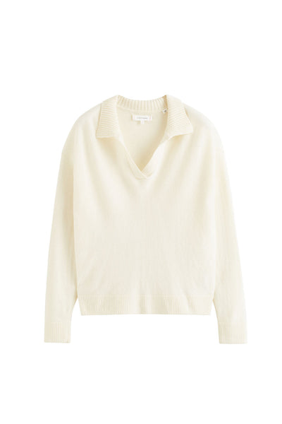 Cream Wool-Cashmere Collared Sweater