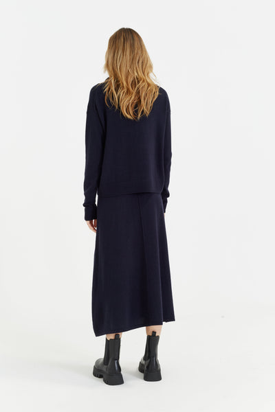 Navy Wool-Cashmere Midi Skirt