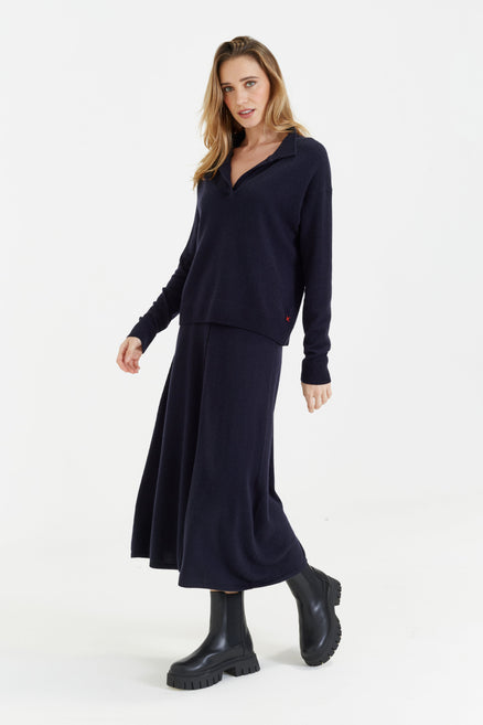 Navy Wool-Cashmere Midi Skirt