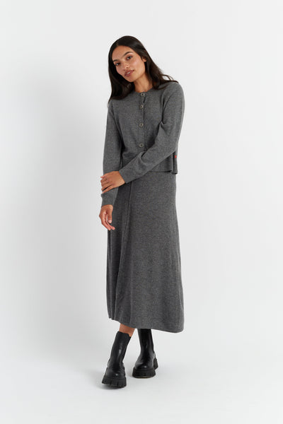 Grey Wool-Cashmere Crew Neck Cardigan