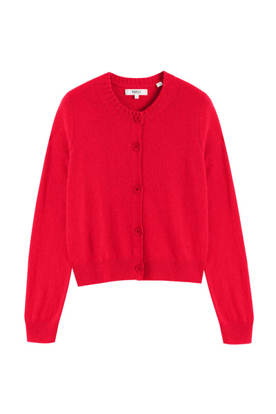 Velvet-Red Wool-Cashmere Crew Neck Cardigan