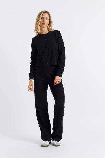 Black Wool-Cashmere Crew Neck Cardigan