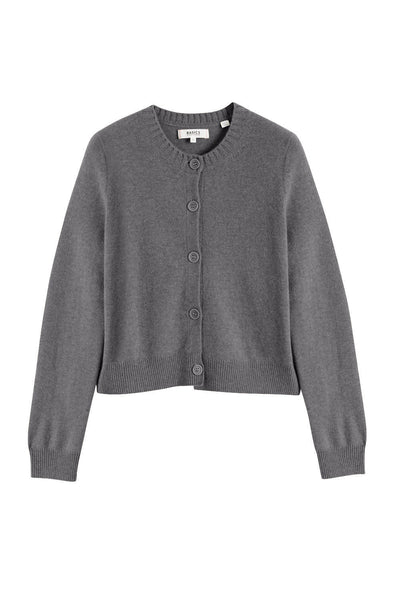 Grey Wool-Cashmere Crew Neck Cardigan