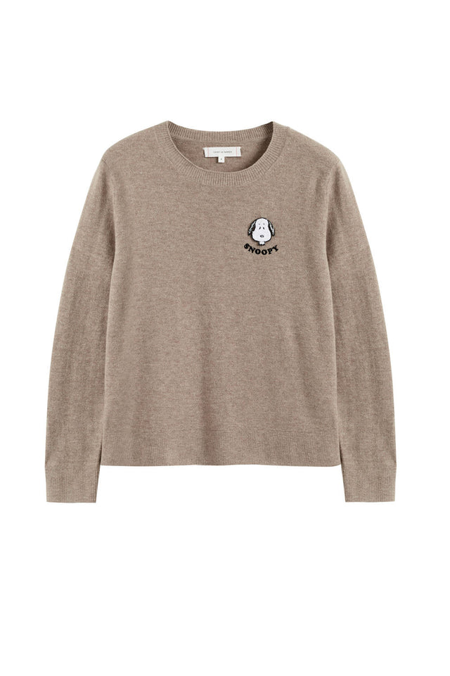 Soft-Truffle Wood-Cashmere Snoopy Badge Sweater image 2