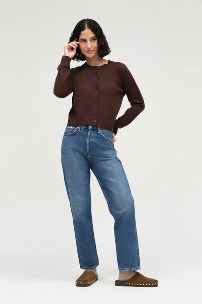 Chocolate Wool-Cashmere Crew Neck Cardigan