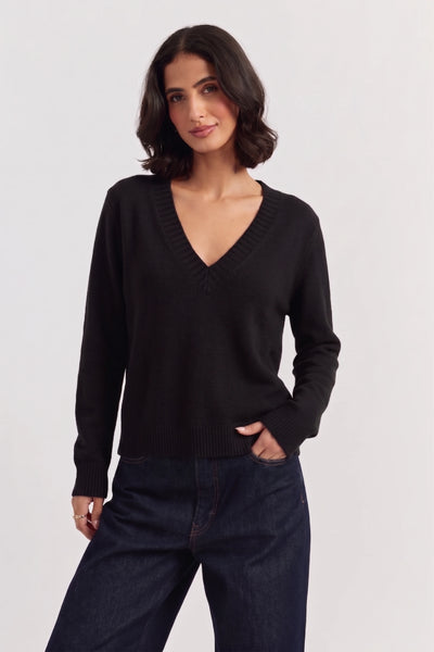 Black Wool-Cashmere Low V-Neck Sweater