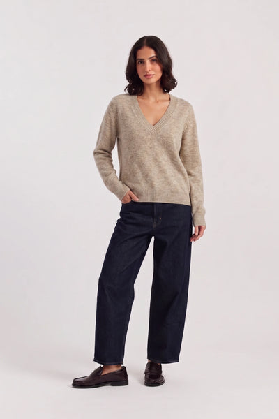 Warm-Oatmeal Wool-Cashmere Low V-Neck Sweater