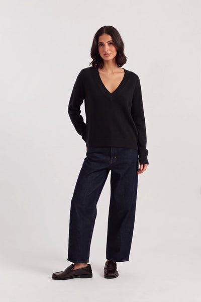 Black Wool-Cashmere Low V-Neck Sweater