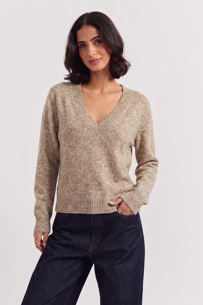 Warm-Oatmeal Wool-Cashmere Low V-Neck Sweater