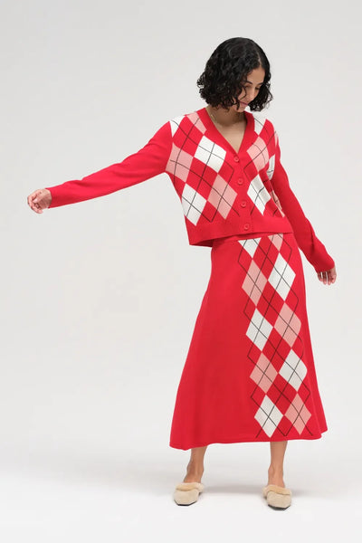 Red Wool-Cashmere Argyle Cardigan