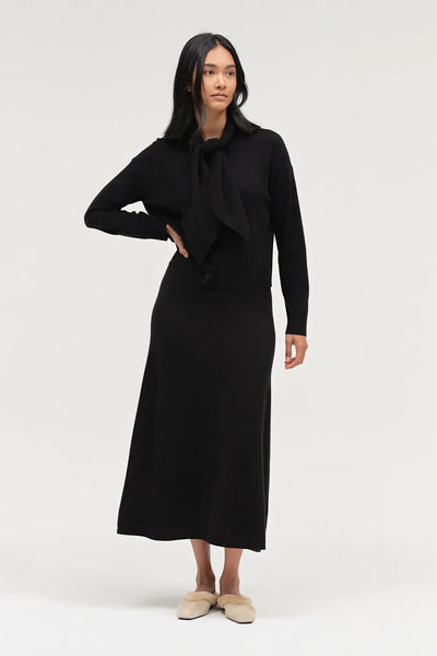 Black Wool-Cashmere Tie Neck Cardigan