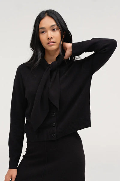 Black Wool-Cashmere Tie Neck Cardigan