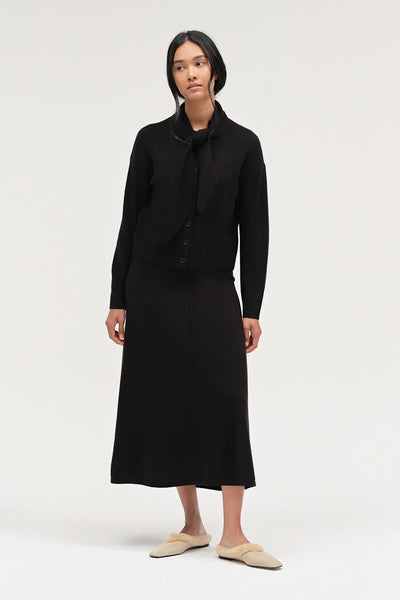 Black Wool-Cashmere Tie Neck Cardigan