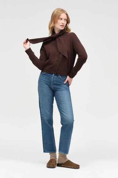 Chocolate Wool-Cashmere Tie Neck Cardigan