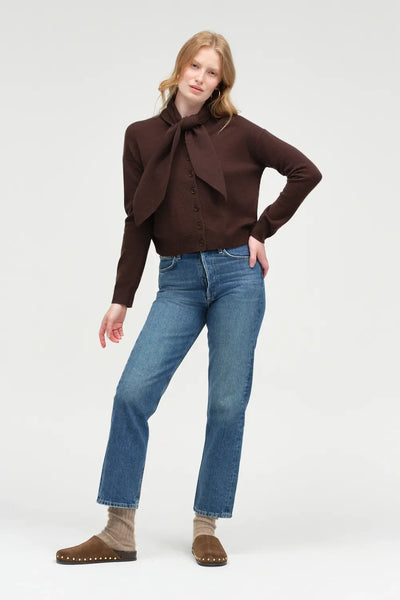 Chocolate Wool-Cashmere Tie Neck Cardigan