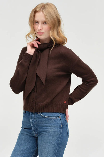 Chocolate Wool-Cashmere Tie Neck Cardigan
