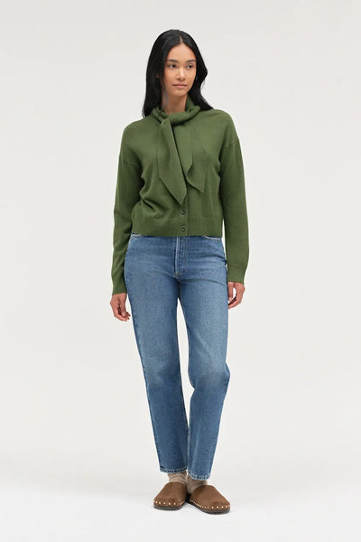 Green Wool-Cashmere Tie Neck Cardigan