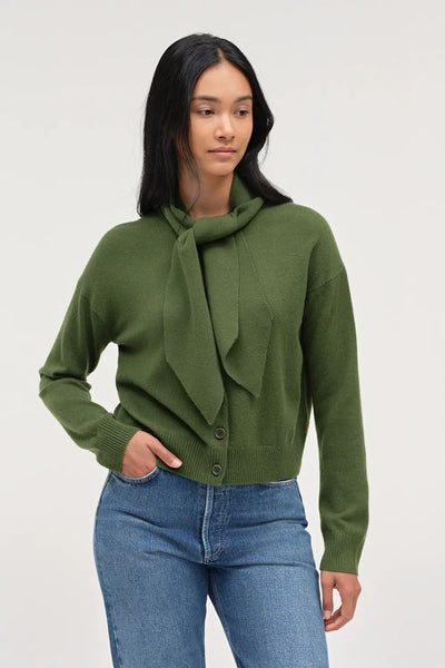 Green Wool-Cashmere Tie Neck Cardigan