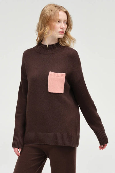 Chocolate Wool-Cashmere Pop Pocket Sweater