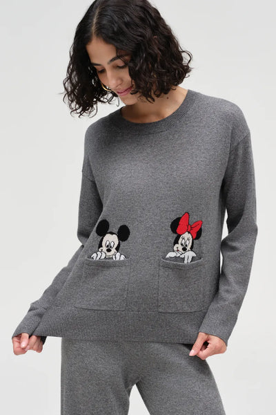 Grey Wool-Cashmere Mickey & Minnie Peek Pocket Sweater