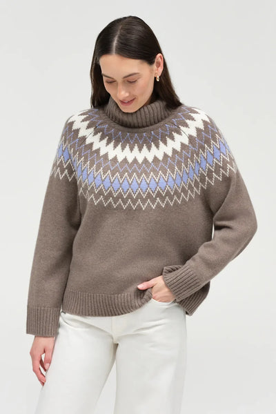 Mushroom Wool-Cashmere Fair Isle Rollneck Sweater