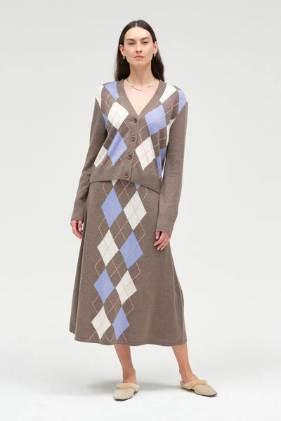 Mushroom Wool-Cashmere Argyle Cardigan