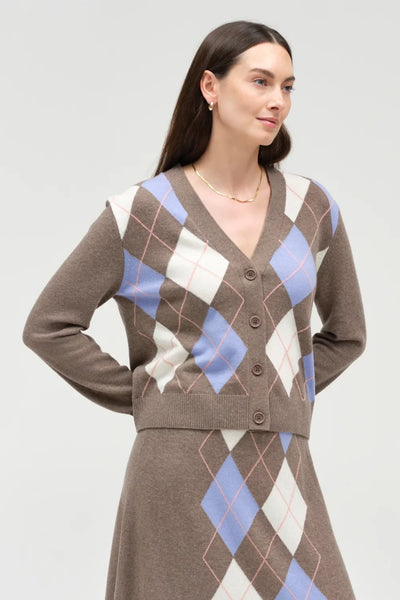 Mushroom Wool-Cashmere Argyle Cardigan