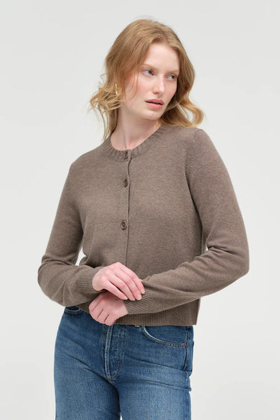 Mushroom Wool-Cashmere Crew Neck Cardigan