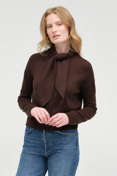 Chocolate Wool-Cashmere Tie Neck Cardigan