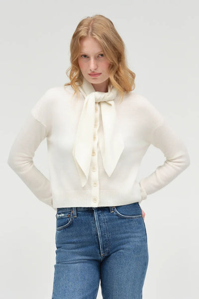 Cream Wool-Cashmere Tie Neck Cardigan