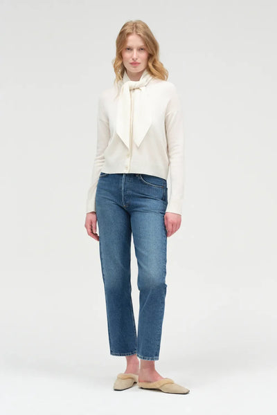 Cream Wool-Cashmere Tie Neck Cardigan