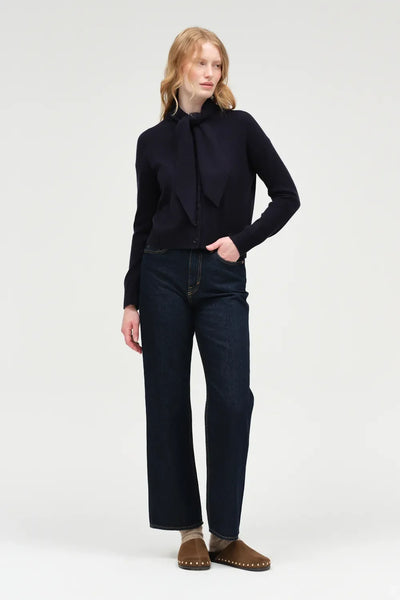 Navy Wool-Cashmere Tie Neck Cardigan