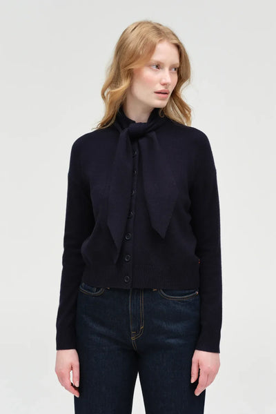 Navy Wool-Cashmere Tie Neck Cardigan