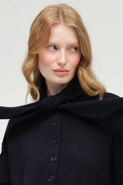 Navy Wool-Cashmere Tie Neck Cardigan