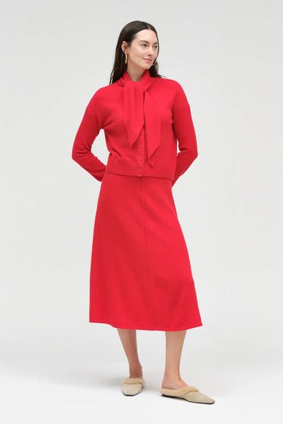 Velvet-Red Wool-Cashmere Tie Neck Cardigan