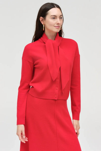 Velvet-Red Wool-Cashmere Tie Neck Cardigan