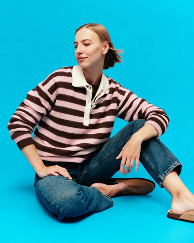 Pink-Chocolate Brushed Merino Stripe Polo Top