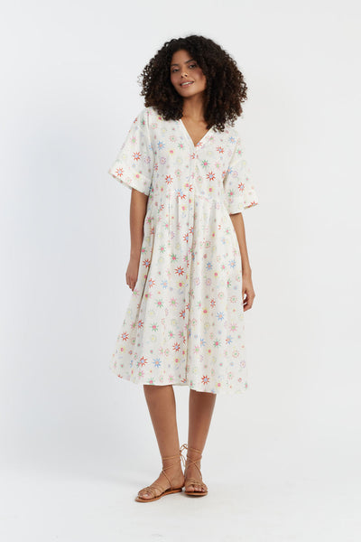 SAMPLE SALE - NO REFUNDS Cream Linen-Cotton Etoile V-Neck Sundress