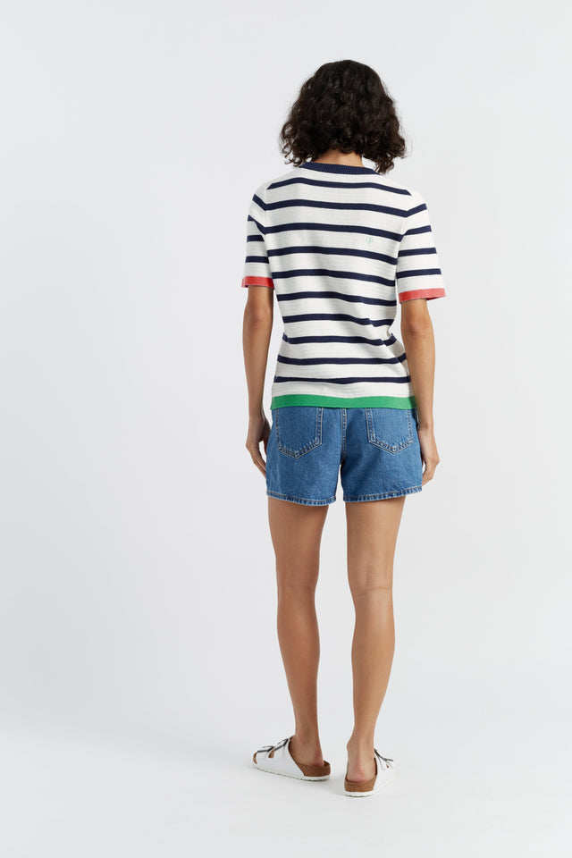 Cream-Navy Cotton Heart Breton Crochet T-Shirt image 2