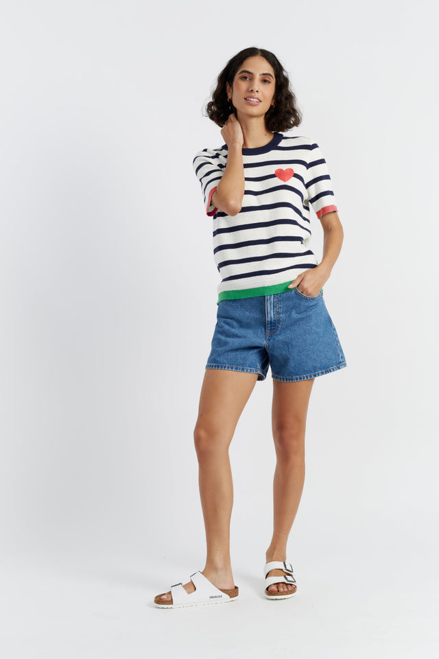 Cream-Navy Cotton Heart Breton Crochet T-Shirt image 3