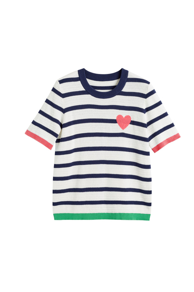 Cream-Navy Cotton Heart Breton Crochet T-Shirt image 4