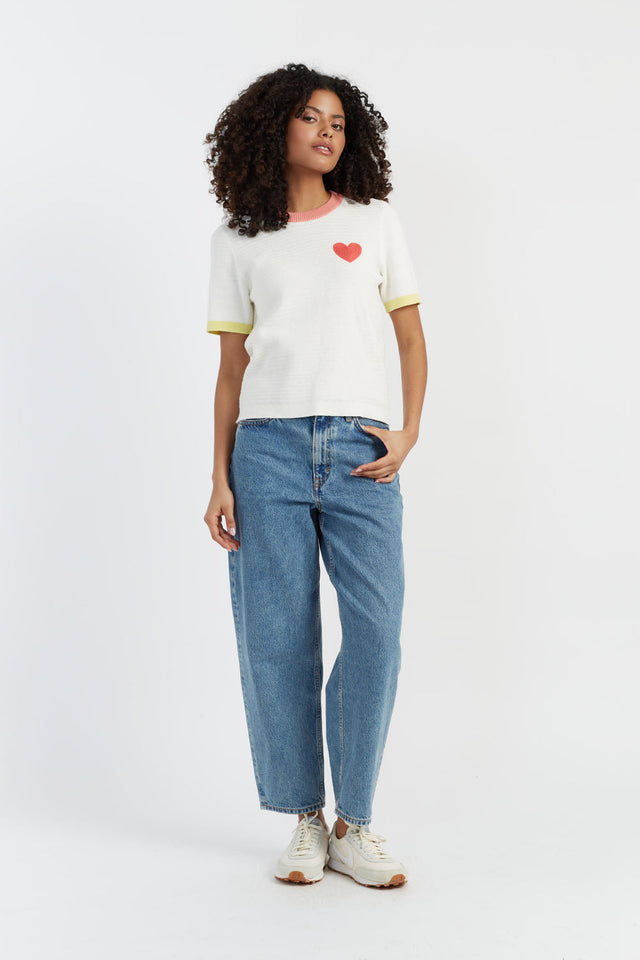 Cream Cotton Heart Breton Crochet T-Shirt image 4