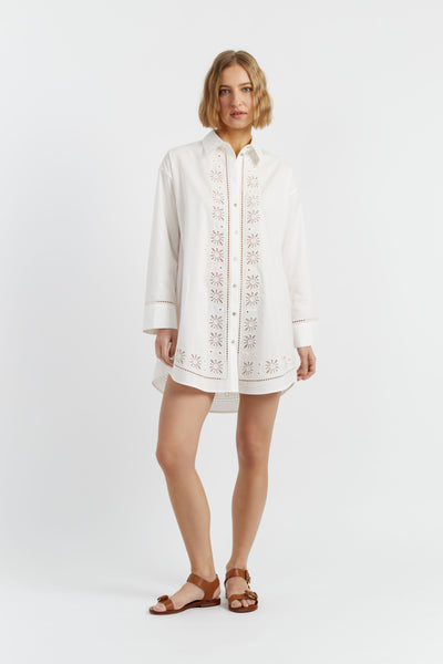 SAMPLE SALE - NO REFUNDS Cream Cotton-Lyocell Broderie Shirt Dress