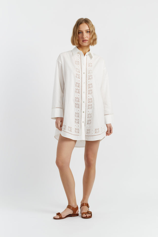 Cream Cotton-Lyocell Broderie Shirt Dress image 1