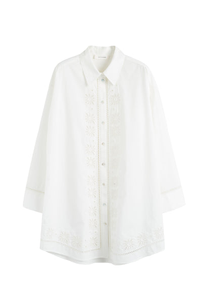 SAMPLE SALE - NO REFUNDS Cream Cotton-Lyocell Broderie Shirt Dress
