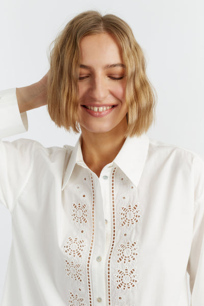 SAMPLE SALE - NO REFUNDS Cream Cotton-Lyocell Broderie Shirt Dress