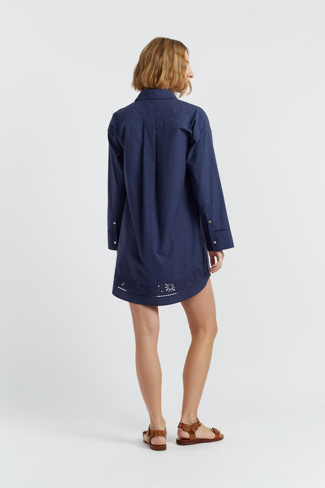 Navy Cotton-Lyocell Broderie Shirt Dress image 3